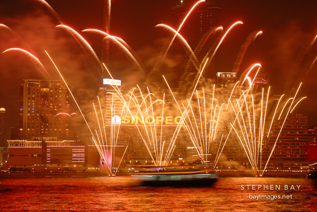 Fireworks over Victoria Harbor. Hong Kong, China.