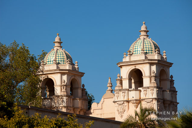 Twin domes of the Casa del Prado. Balboa Park, San Diego.