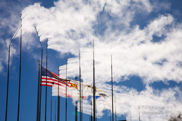 American flag admist the vanes in Waterscape. San Jose, California.