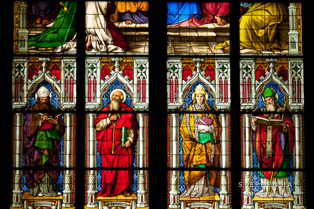 Stained glass with the four fathers of the early church: St Augustine, St Jerome, St Gregory and St Ambrose. Cologne, Cathedral.