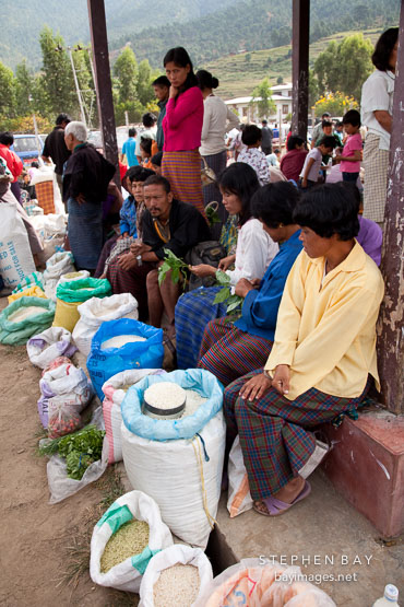 Puffed and flattened rice for sale. Weekend market, Punakha, Bhutan.