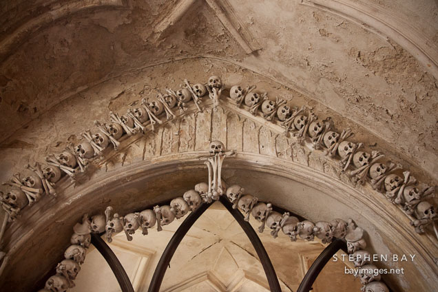 Bones decorating the ceiling vault. Sedlec ossuary, Czech Republic.