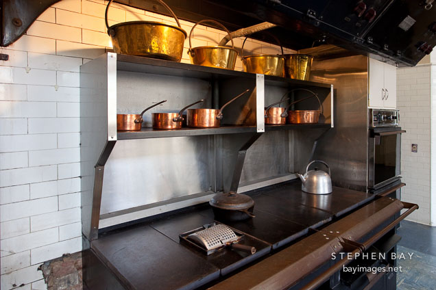 Stove and pots in the kitchen of the Filoli country house.