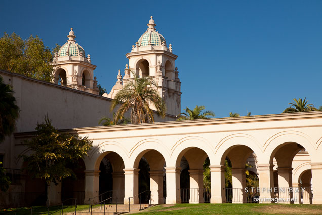 Arched walkway and Casa del Prado. Balboa Park, San Diego.