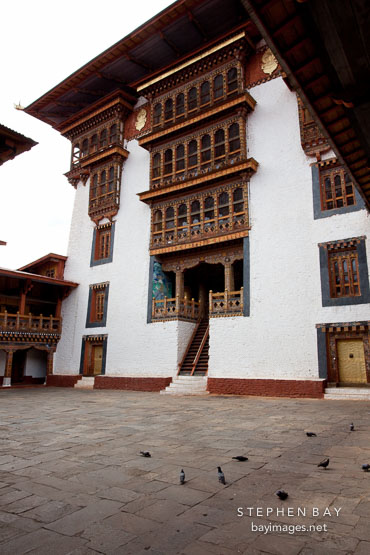 Main tower (utse) and second courtyard in Punakha Dzong. Punakha, Bhutan.