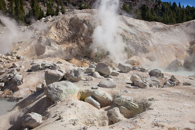 Rock boulders and fumaroles. Bumpass Hell, Lassen NP, California.