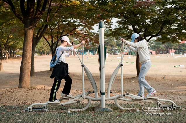Two women use exercise equipment in Seoul's Olympic Park.