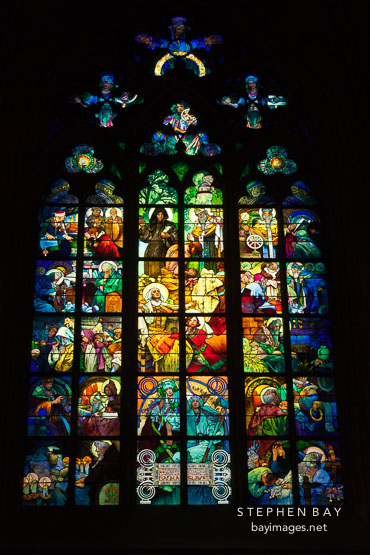 Alfons Mucha stained-glass window in Saint Vitus Cathedral. Prague, Czech Republic.