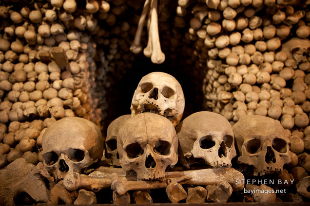 Bones stacked in the Sedlec ossuary. Sedlec, Czech Republic.