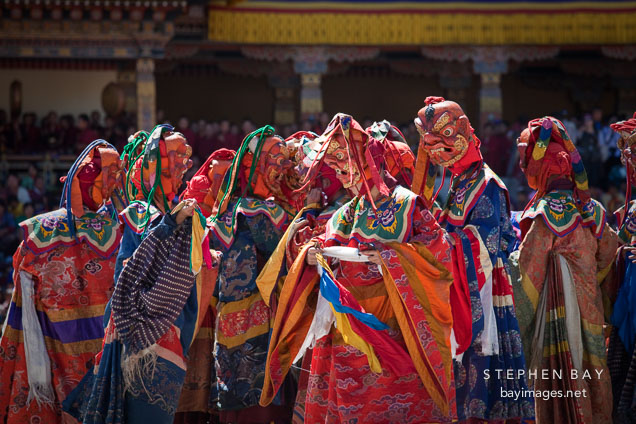 Gathering of Tsholing dancers (Dance of the Ging and Tsholing). Thimphu tsechu, Bhutan.