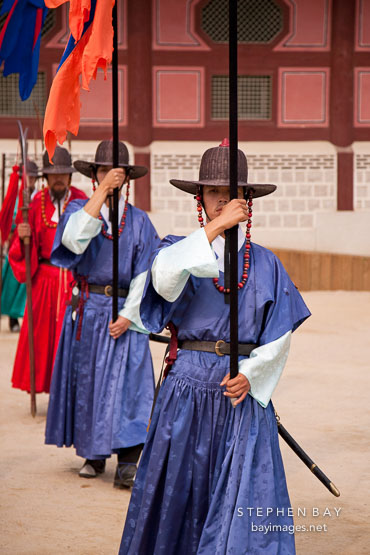 Changing of the guard at Gyeongbok Palace in Seoul, South Korea.