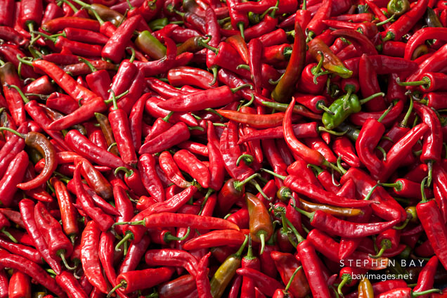 Red chili peppers for sale at the weekend market. Punakha, Bhutan.