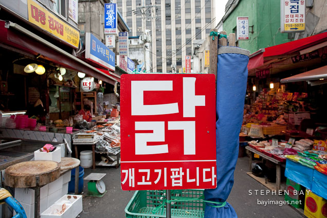 A meat vendor at Namdaemun Market in Seoul advertises that he carries both chicken (dak) and dog meat (gae gogi).