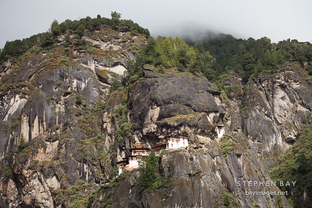 Taktshang Goemba, the Tiger's Nest monastery, is located on a sheer cliff. Paro Valley, Bhutan.