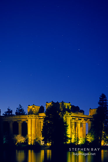 Colonnade at the Palace of Fine Arts, at night. San Francisco, California.