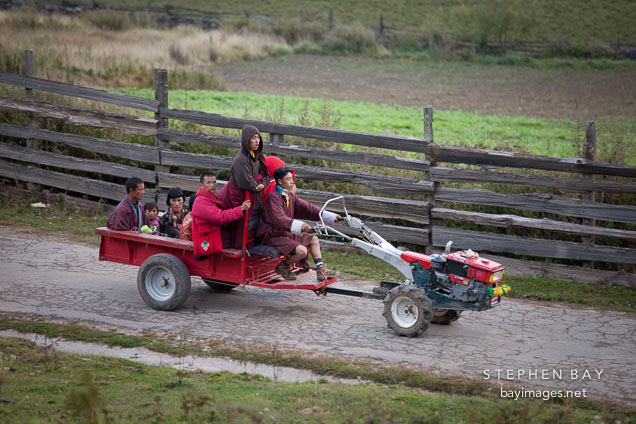 Walking tractor and trailor used as transportation. Phobjikha valley, Bhutan.