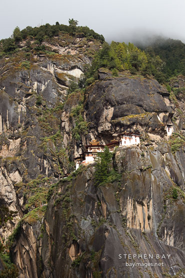 Taktshang monastery is perched on a steep cliff in Paro Valley, Bhutan.