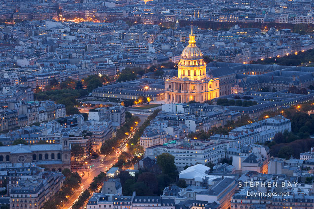Aerial view of Invalides at night. Paris, France.
