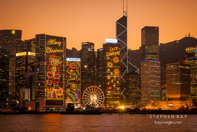 Skyscrapers of Hong Kong Island decorated with Christmas lights. Hong Kong, China.