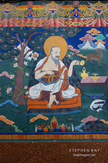 Wall mural of old man in Rinpung dzong. Paro, Bhutan.