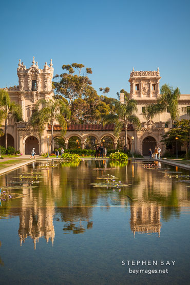 Lily pond and Casa de Balboa. Balboa Park, San Diego, California.