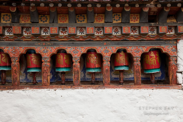 Prayer wheels at Kyichu Lhakhang. Paro, Bhutan.