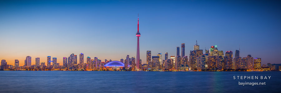 Panorama of Toronto skyline at night.