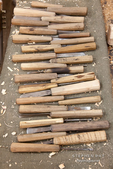 A set of wood carving tools and chisels used by students at the National Institute for Zorig Chusum. Thimphu, Bhutan.