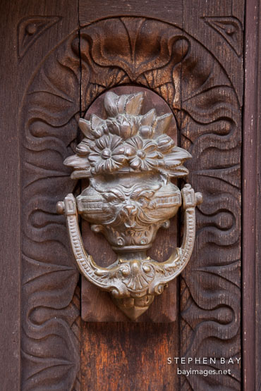 Close-up of door knocker at Filloli Gardens.