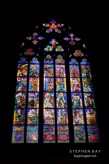 Stained glass window in St Vitus. Prague, Czech Republic.