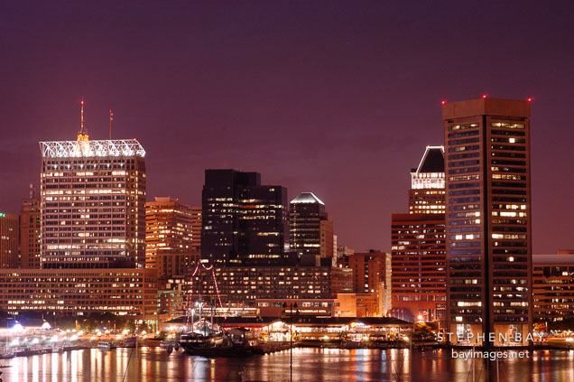 Office buildings at night. Inner Harbor, Baltimore, Maryland, USA.