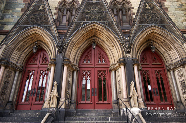Three doors of the United Methodist Church. Mount Vernon Place, Baltimore, Maryland, USA.