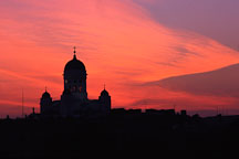 Silhouette of the Cathedral against a red sky. St. Nicholas' Church. Helsinki, Finland. - Photo #312