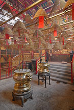 Incense coils and pot. Man Mo Temple, Hong Kong, China. - Photo #15121