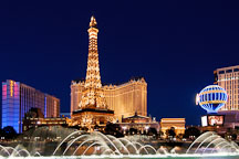 Night view of the Bellagio water show and Paris Las Vegas hotel. Las Vegas, Nevada, USA. - Photo #13323