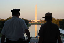 Silhouette of two park rangers. Washington Monument. Washington, D.C. - Photo #1824