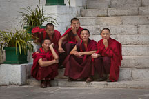 Young Buddhists monks sit on the steps just outside the courtyard at the fortress. Thimphu tsechu, Bhutan. - Photo #22639