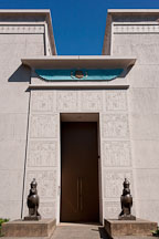 Horus falcon statues and building relief. Roscicrucian Egyptian Museum, San Jose, California. - Photo #21943