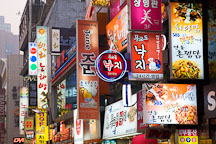 Signs for restaurants, bars and noraebangs (karaoke rooms) line the streets of the popular Myeong-dong district of Seoul. - Photo #21154