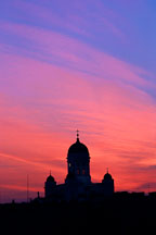 Helsinki's Cathedral with a red and blue sky. St. Nicholas' Church. Helsinki, Finland. - Photo #306
