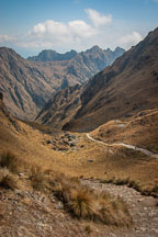 Inca trail looking north-west from Warmiwanusca. Inca trail, Peru. - Photo #9761
