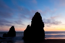 Moon and seastacks at Rodeo Beach. Marin County, California. - Photo #26907