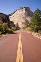 Road leading into Zion with Checkerboard Mesa in the background. Zion NP, Utah. - Photo #19281