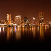 Skyscrapers and their reflections on the Inner Harbor. Baltimore, Maryland, USA. - Photo #3996