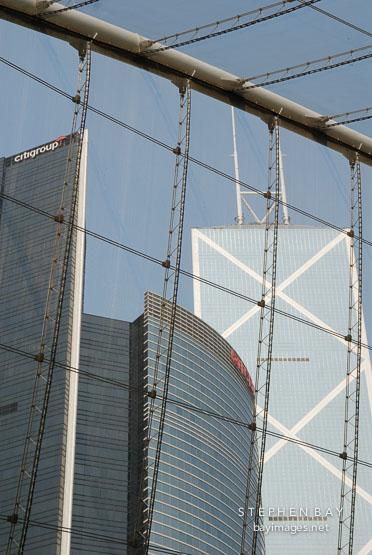Office buildings seen through the mesh of the Edward Youde Aviary. Hong Kong, China.