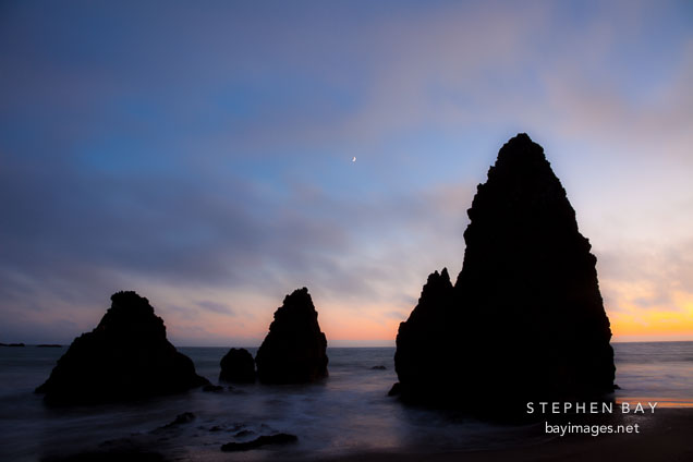 Moon over Rodeo Beach. Marin County, California.