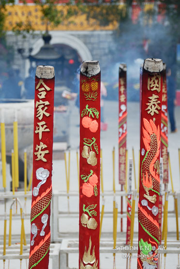 Huge ceremonial joss sticks burning at the Po Lin Monastery. Hong Kong, China.