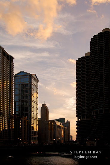 Chicago river at sunset. Chicago, Illinois, USA.