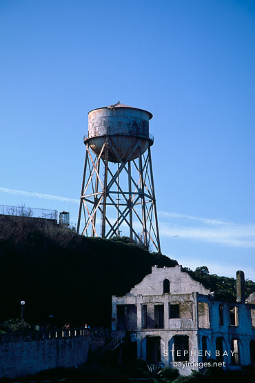 Water tower and post exchange / officers' club. Alcatraz, San Francisco, California, USA.
