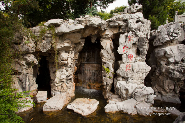 Rock mountain and waterfall. Chinese Classical Garden, Portland, Oregon.
